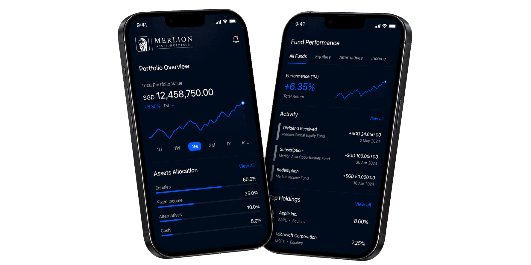 Merlion Asset Holdings app showing a portfolio overview and fund performance