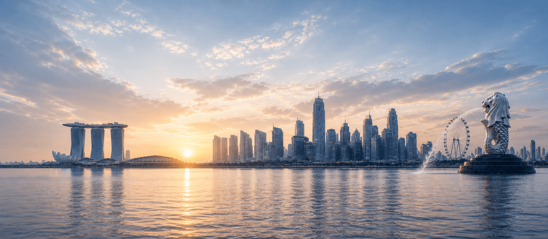 Singapore skyline and the Merlion at sunrise